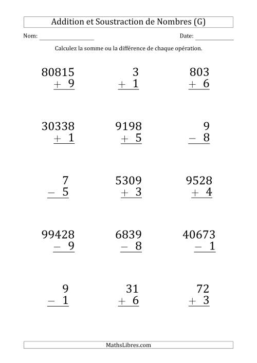 Addition et Soustraction de Divers Nombres par un Nombre à 1 Chiffre (Gros Caractère) (G)