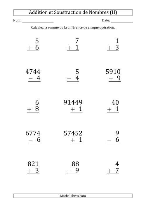Addition et Soustraction de Divers Nombres par un Nombre à 1 Chiffre (Gros Caractère) (H)