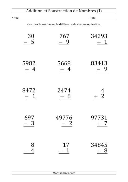 Addition et Soustraction de Divers Nombres par un Nombre à 1 Chiffre (Gros Caractère) (I)