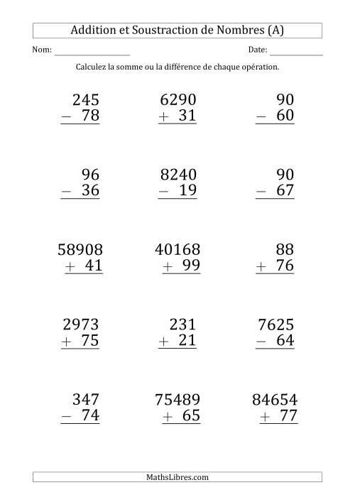 Addition et Soustraction de Divers Nombres par un Nombre à 2 Chiffres (Gros Caractère) (A)