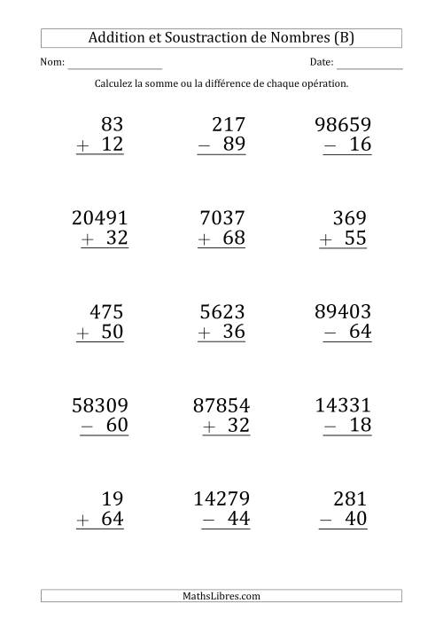 Addition et Soustraction de Divers Nombres par un Nombre à 2 Chiffres (Gros Caractère) (B)