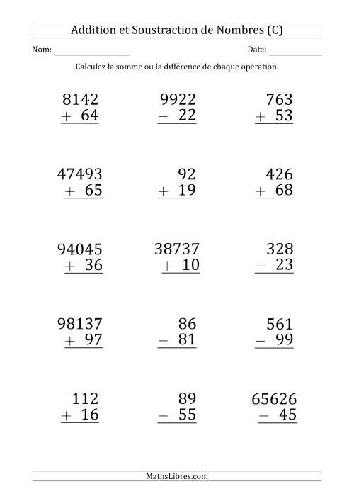 Addition et Soustraction de Divers Nombres par un Nombre à 2 Chiffres (Gros Caractère) (C)