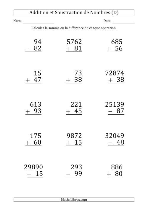 Addition et Soustraction de Divers Nombres par un Nombre à 2 Chiffres (Gros Caractère) (D)
