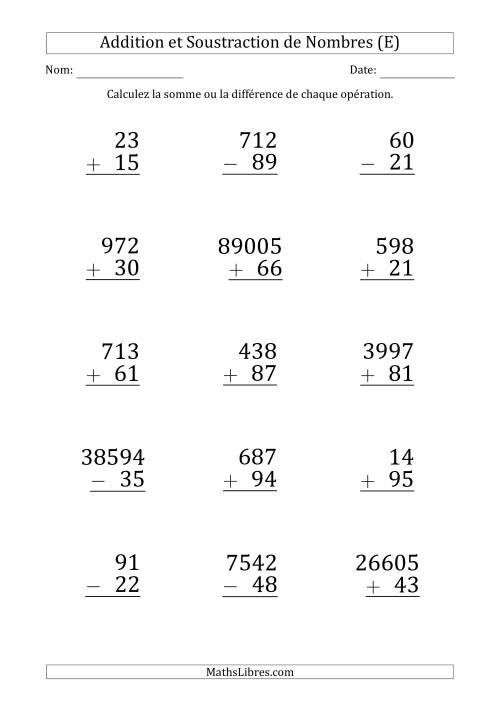 Addition et Soustraction de Divers Nombres par un Nombre à 2 Chiffres (Gros Caractère) (E)