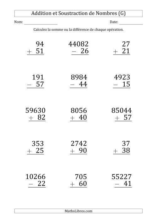Addition et Soustraction de Divers Nombres par un Nombre à 2 Chiffres (Gros Caractère) (G)