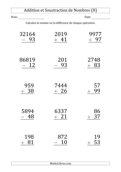 Addition et Soustraction de Divers Nombres par un Nombre à 2 Chiffres (Gros Caractère) (H)