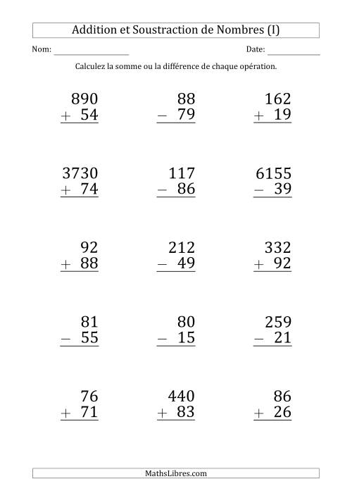 Addition et Soustraction de Divers Nombres par un Nombre à 2 Chiffres (Gros Caractère) (I)