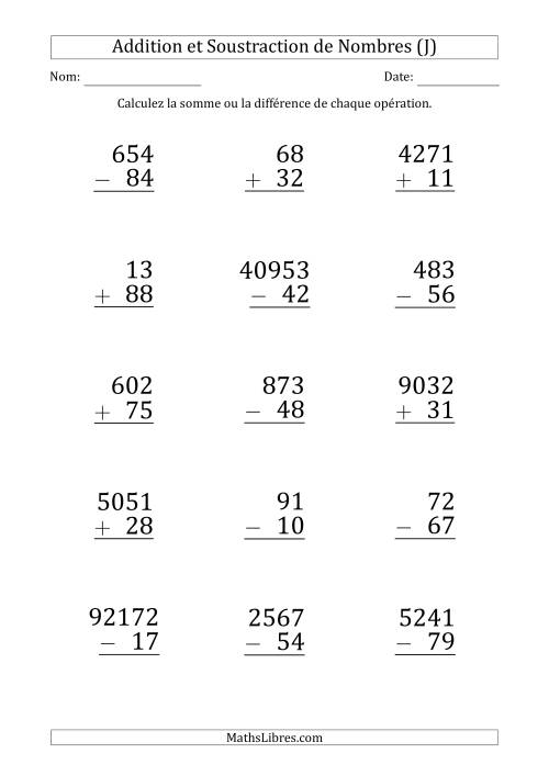 Addition et Soustraction de Divers Nombres par un Nombre à 2 Chiffres (Gros Caractère) (J)