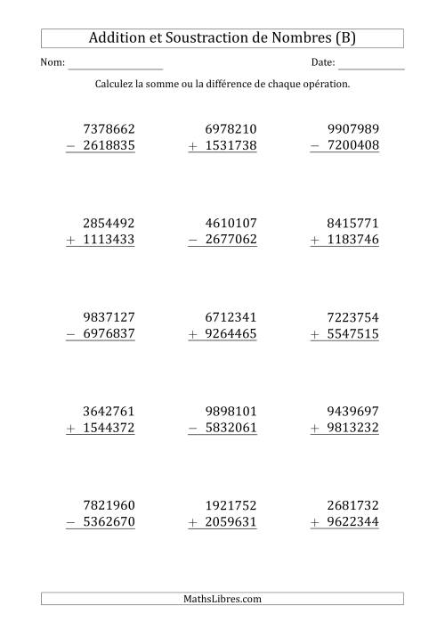 Addition et Soustraction d'un Nombre à 7 Chiffres par un Nombre à 7 Chiffres (B)