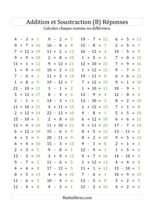 100 Questions sur l'Addition/Soustraction Horizontale de 1 à 12 (B) page 2