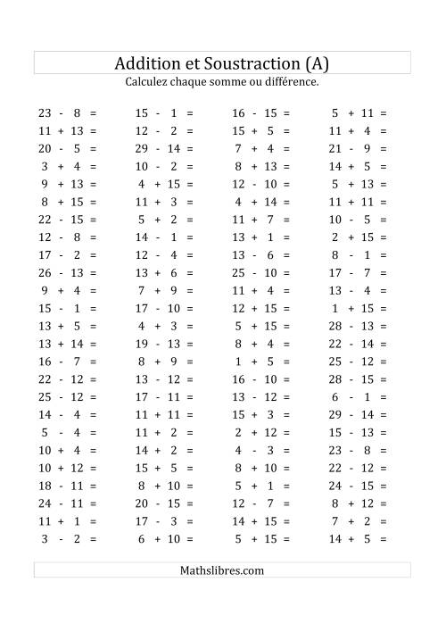 100 Questions sur l'Addition/Soustraction Horizontale de 1 à 15 (A)