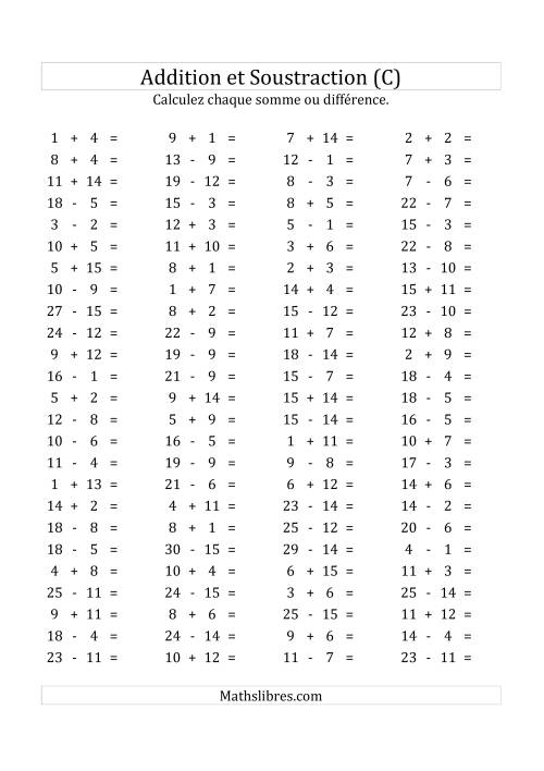100 Questions sur l'Addition/Soustraction Horizontale de 1 à 15 (C)