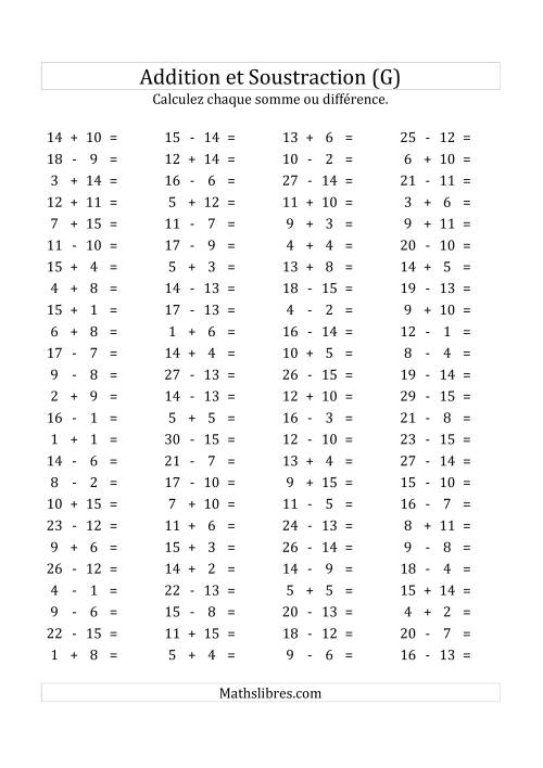 100 Questions sur l'Addition/Soustraction Horizontale de 1 à 15 (G)