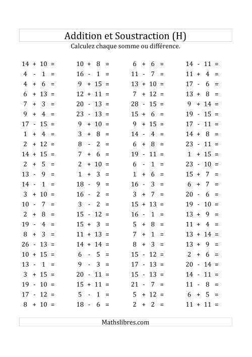 100 Questions sur l'Addition/Soustraction Horizontale de 1 à 15 (H)