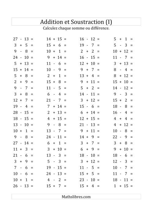 100 Questions sur l'Addition/Soustraction Horizontale de 1 à 15 (I)