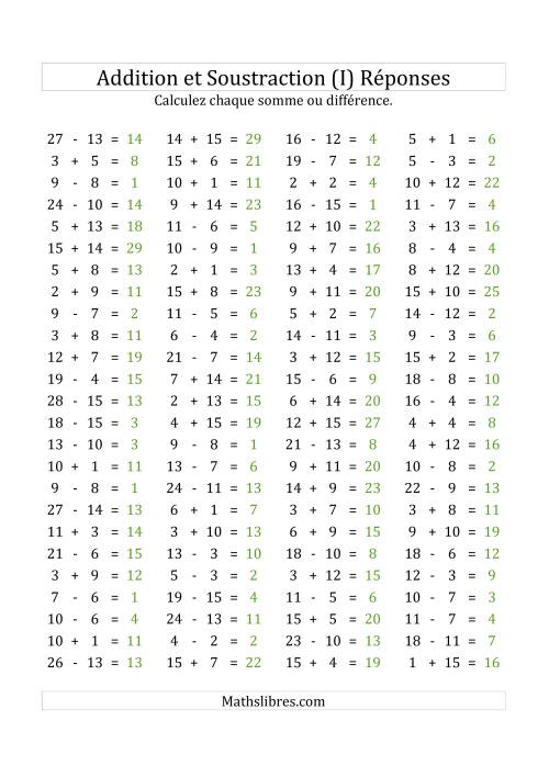 100 Questions sur l'Addition/Soustraction Horizontale de 1 à 15 (I) page 2