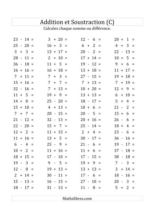100 Questions sur l'Addition/Soustraction Horizontale de 1 à 20 (C)