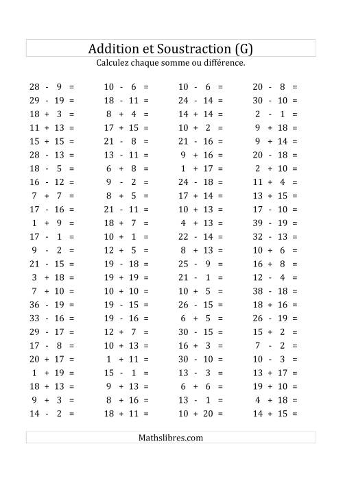 100 Questions sur l'Addition/Soustraction Horizontale de 1 à 20 (G)