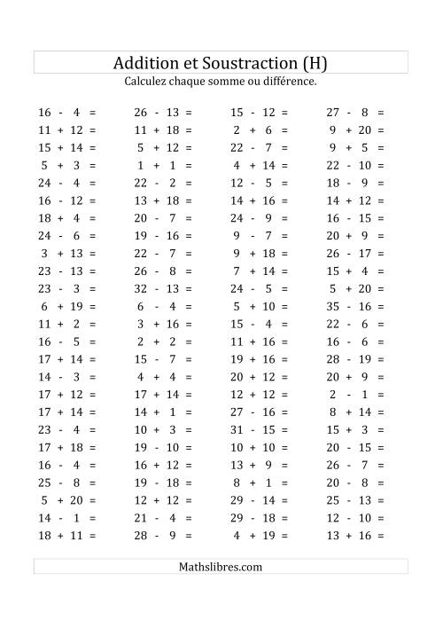 100 Questions sur l'Addition/Soustraction Horizontale de 1 à 20 (H)