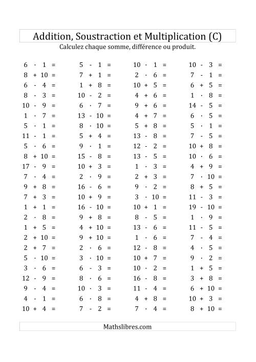 100 Questions sur l'Addition/Soustraction/Multplication Horizontale de 1 à 10 (C)