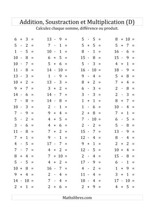 100 Questions sur l'Addition/Soustraction/Multplication Horizontale de 1 à 10 (D)