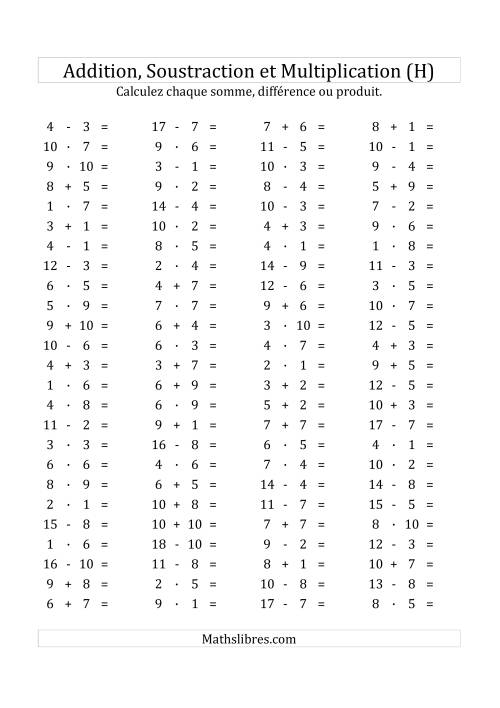 100 Questions sur l'Addition/Soustraction/Multplication Horizontale de 1 à 10 (H)