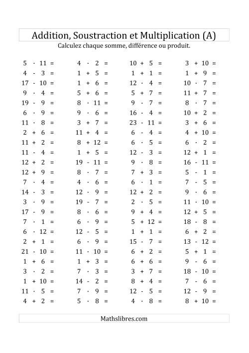 100 Questions sur l'Addition/Soustraction/Multplication Horizontale de 1 à 12 (A)