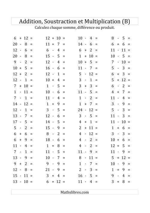 100 Questions sur l'Addition/Soustraction/Multplication Horizontale de 1 à 12 (B)