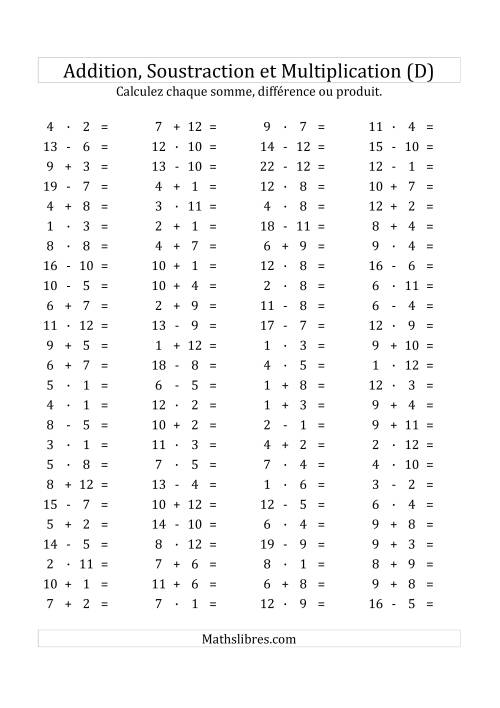 100 Questions sur l'Addition/Soustraction/Multplication Horizontale de 1 à 12 (D)