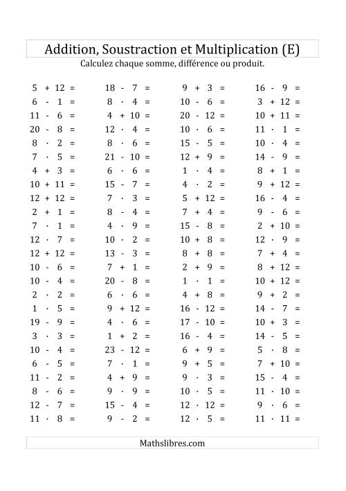 100 Questions sur l'Addition/Soustraction/Multplication Horizontale de 1 à 12 (E)