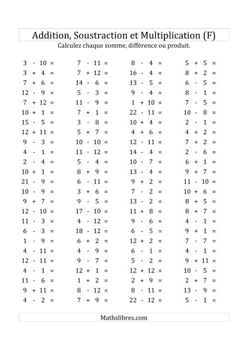 100 Questions sur l'Addition/Soustraction/Multplication Horizontale de 1 à 12 (F)