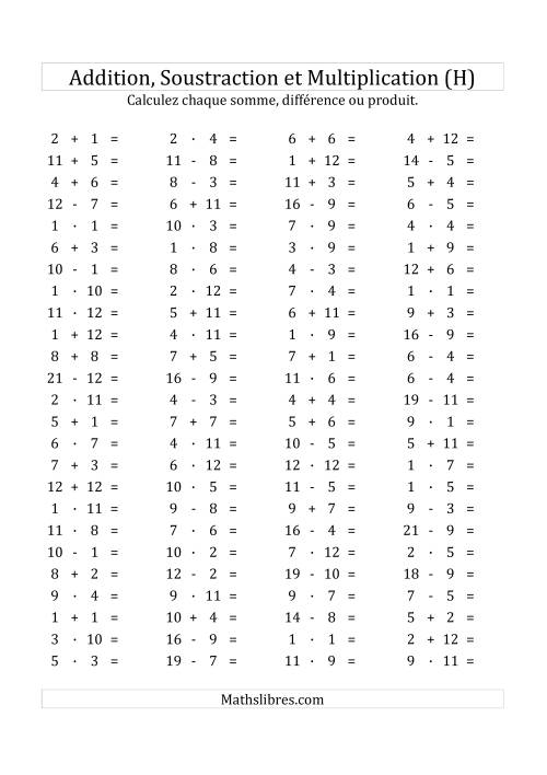 100 Questions sur l'Addition/Soustraction/Multplication Horizontale de 1 à 12 (H)