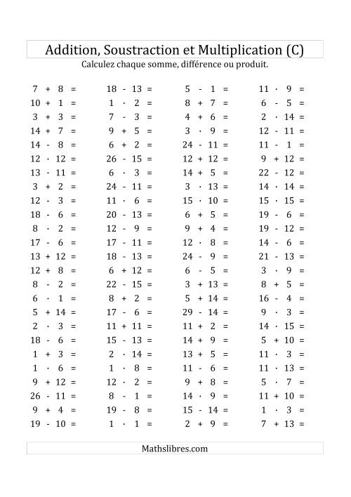 100 Questions sur l'Addition/Soustraction/Multplication Horizontale de 1 à 15 (C)