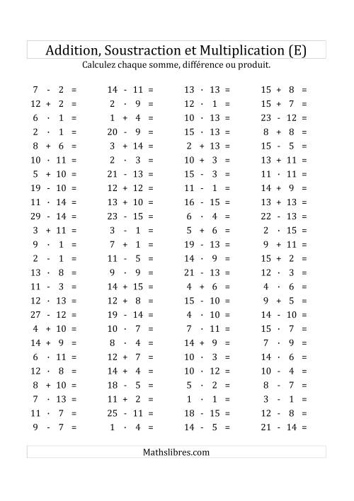 100 Questions sur l'Addition/Soustraction/Multplication Horizontale de 1 à 15 (E)