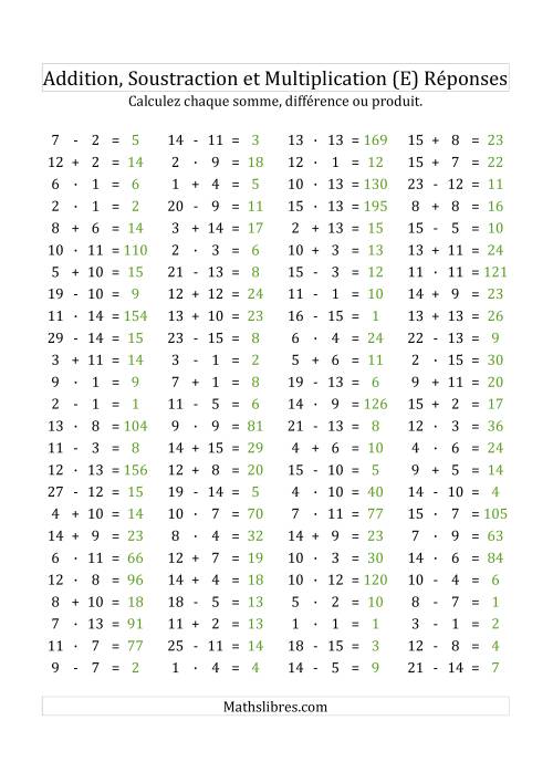 100 Questions sur l'Addition/Soustraction/Multplication Horizontale de 1 à 15 (E) page 2