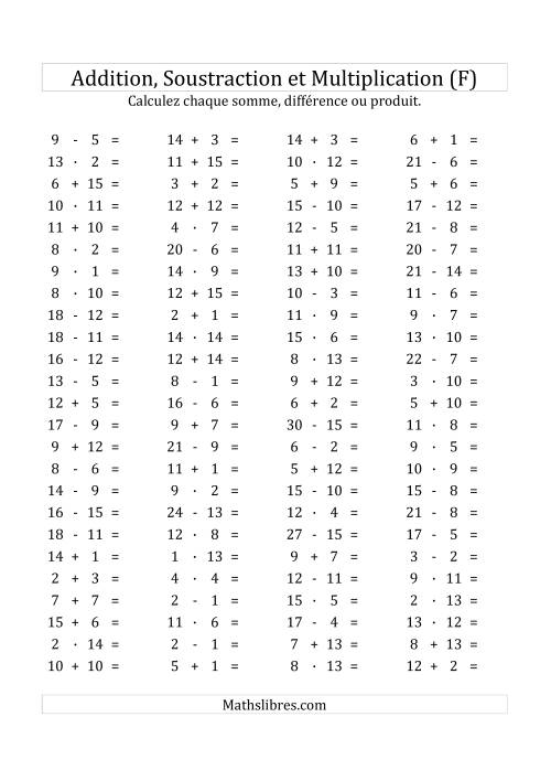 100 Questions sur l'Addition/Soustraction/Multplication Horizontale de 1 à 15 (F)