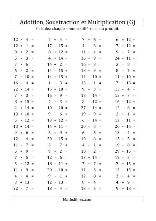 100 Questions sur l'Addition/Soustraction/Multplication Horizontale de 1 à 15 (G)
