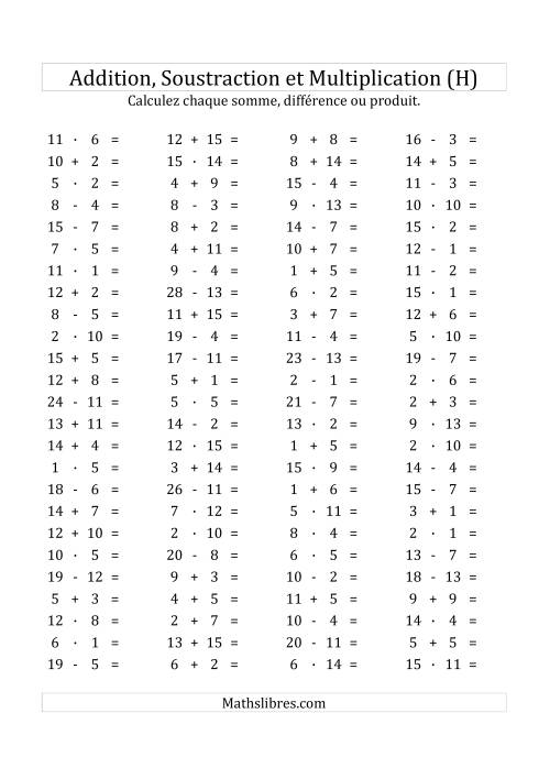 100 Questions sur l'Addition/Soustraction/Multplication Horizontale de 1 à 15 (H)