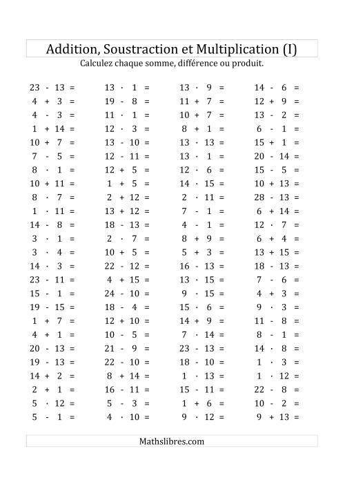 100 Questions sur l'Addition/Soustraction/Multplication Horizontale de 1 à 15 (I)