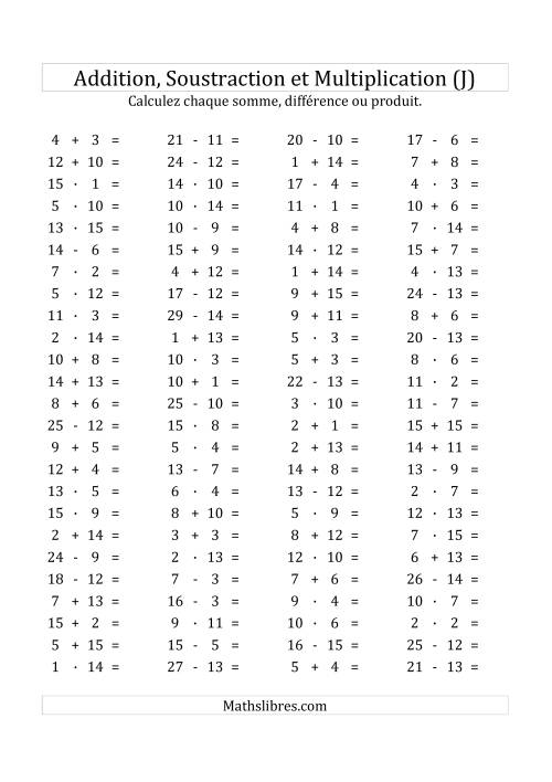 100 Questions sur l'Addition/Soustraction/Multplication Horizontale de 1 à 15 (J)