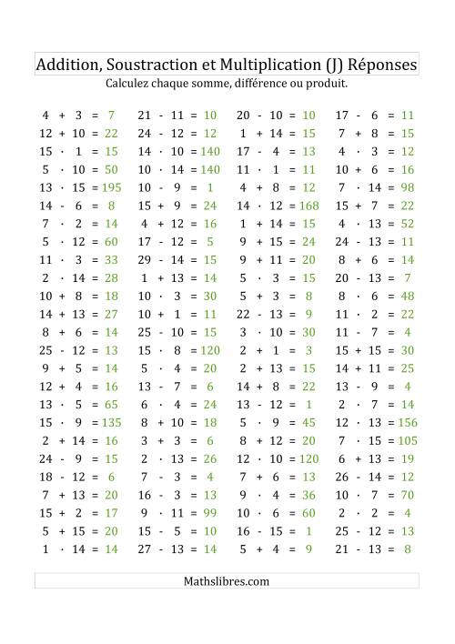 100 Questions sur l'Addition/Soustraction/Multplication Horizontale de 1 à 15 (J) page 2