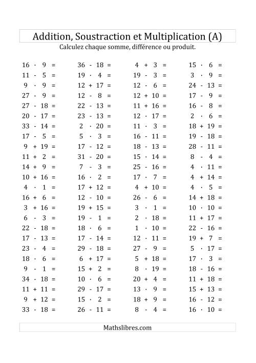 100 Questions sur l'Addition/Soustraction/Multplication Horizontale de 1 à 20 (A)