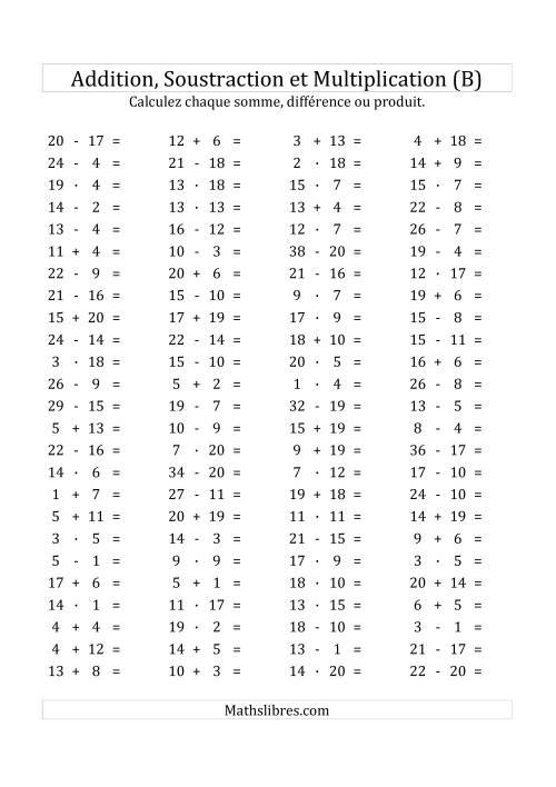 100 Questions sur l'Addition/Soustraction/Multplication Horizontale de 1 à 20 (B)