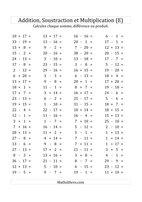 100 Questions sur l'Addition/Soustraction/Multplication Horizontale de 1 à 20 (E)