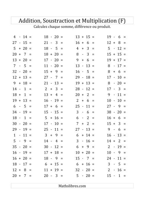 100 Questions sur l'Addition/Soustraction/Multplication Horizontale de 1 à 20 (F)