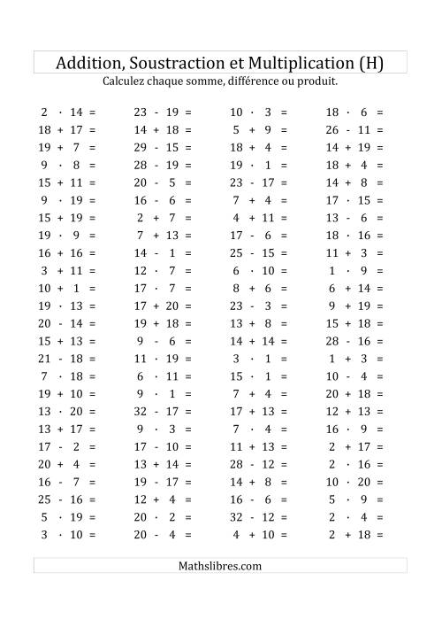 100 Questions sur l'Addition/Soustraction/Multplication Horizontale de 1 à 20 (H)