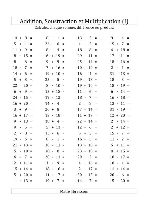 100 Questions sur l'Addition/Soustraction/Multplication Horizontale de 1 à 20 (I)