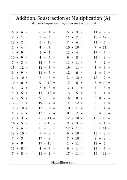 100 Questions sur l'Addition, Soustraction & Multiplication Horizontale de 1 à 12 (USA & Canada) (A)
