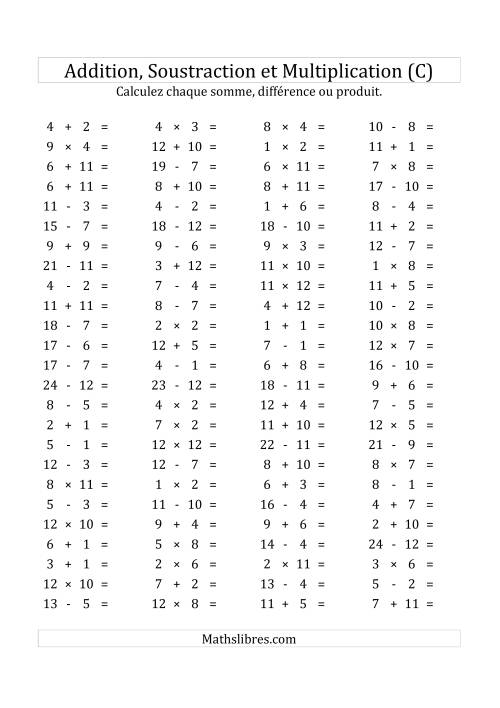 100 Questions sur l'Addition, Soustraction & Multiplication Horizontale de 1 à 12 (USA & Canada) (C)