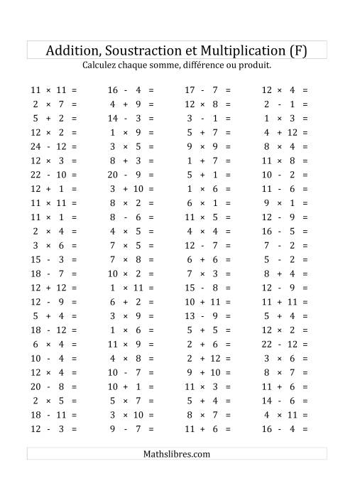 100 Questions sur l'Addition, Soustraction & Multiplication Horizontale de 1 à 12 (USA & Canada) (F)